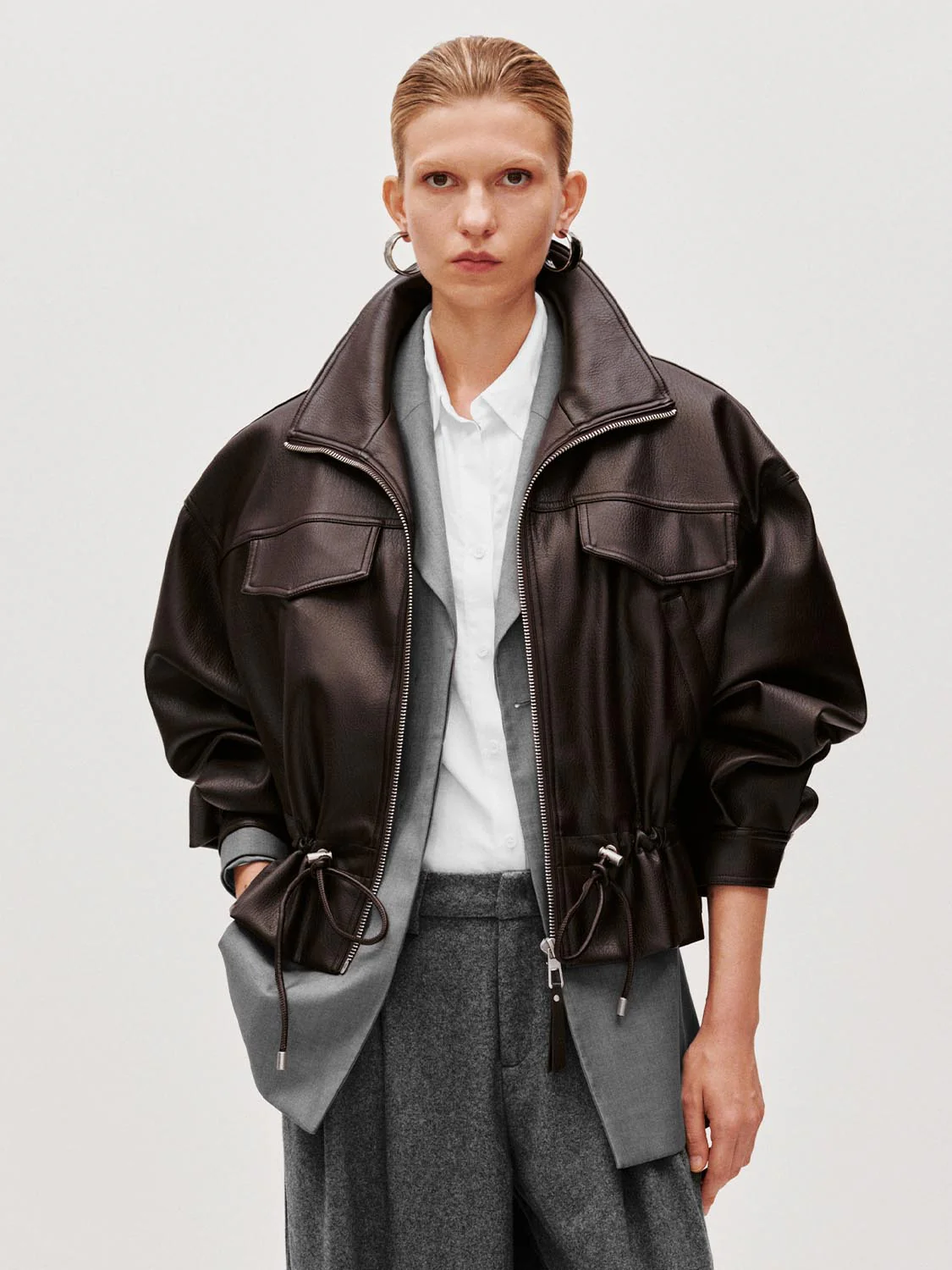 Faux Leather Drawstring Bomber Jackets