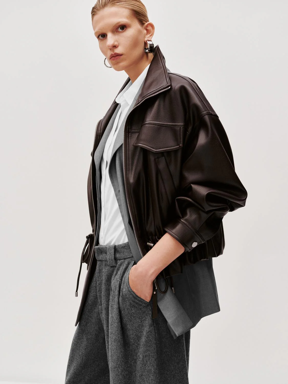 Faux Leather Drawstring Bomber Jackets - Image 2