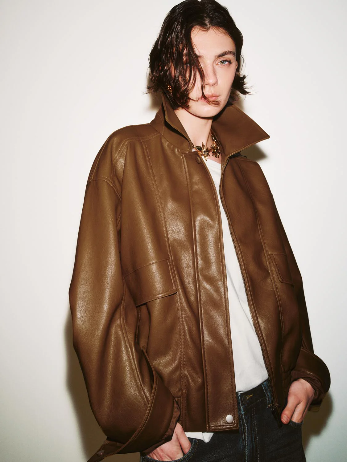 Faux Leather Flap Pockets Bomber Jackets - Image 2