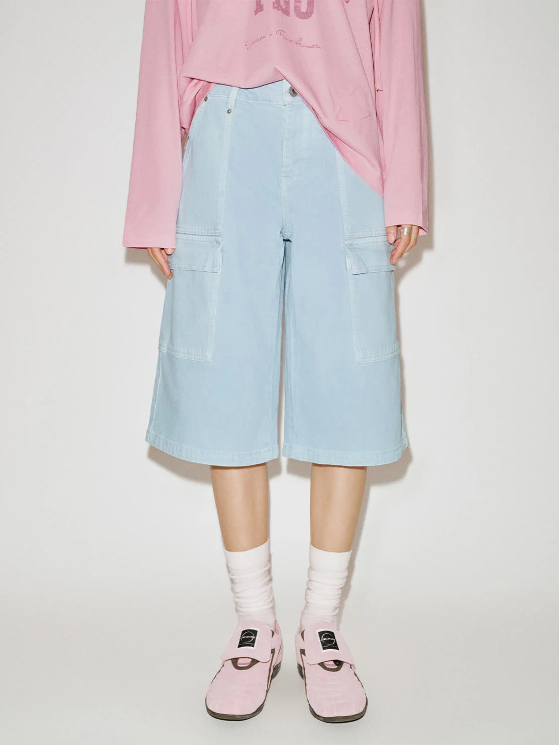 Flap Pocket Wide Leg Denim Shorts - Image 9