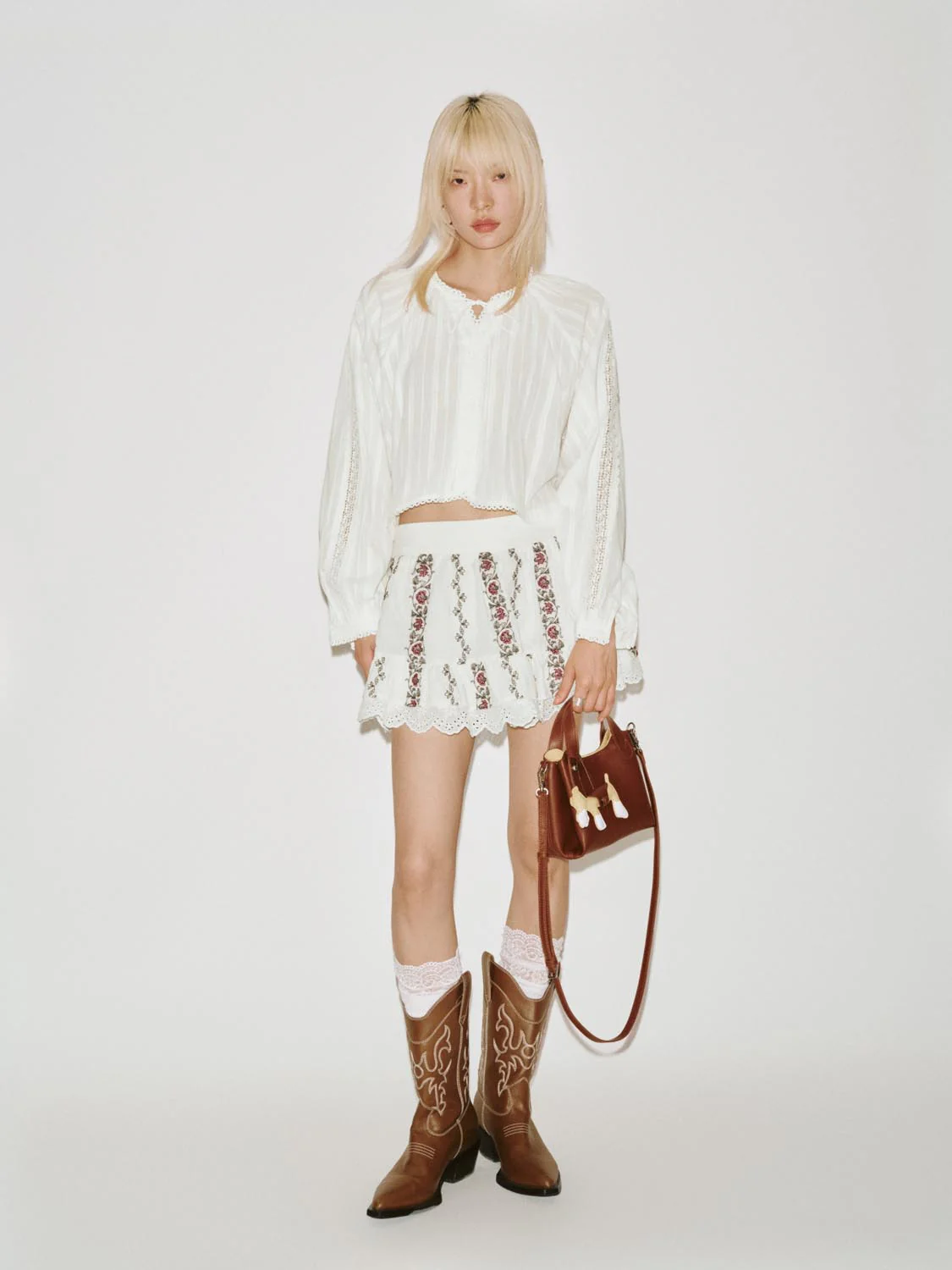Floral Embroidered Pleated A-Line Mini Skirts - Image 7