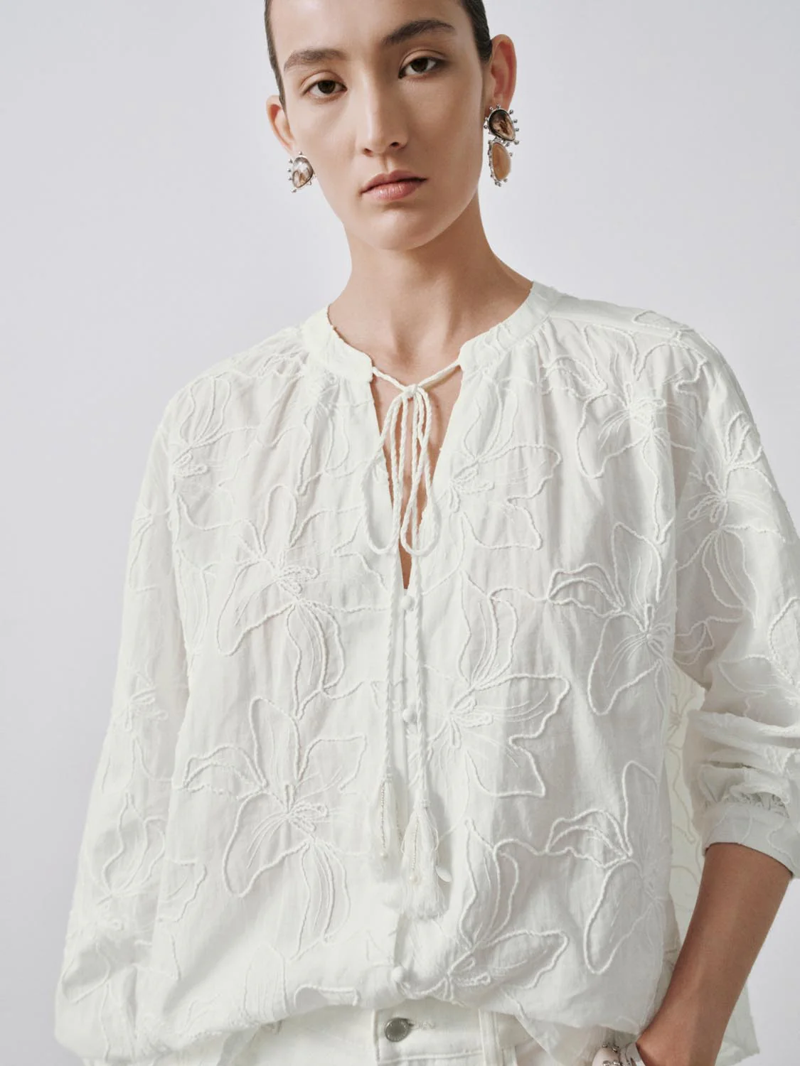 Floral Embroidered Tie Detail V-Neck Shirts - Image 3