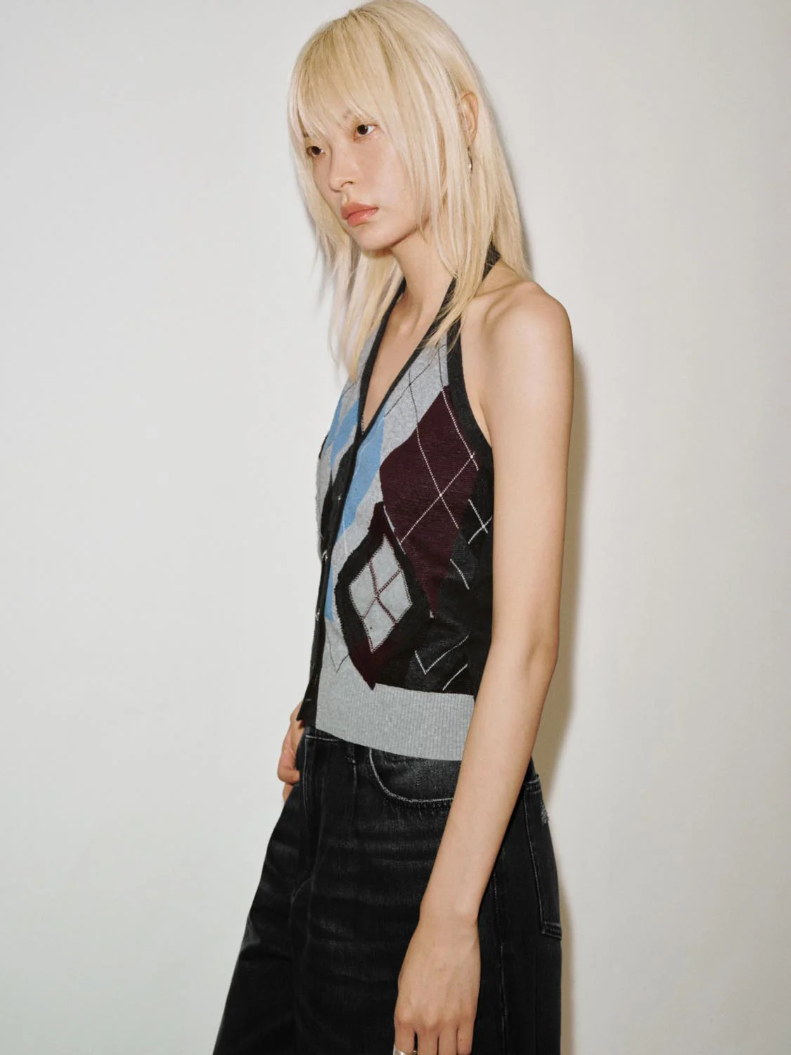 Halter Neck Argyle Knitted Cardigans - Image 2