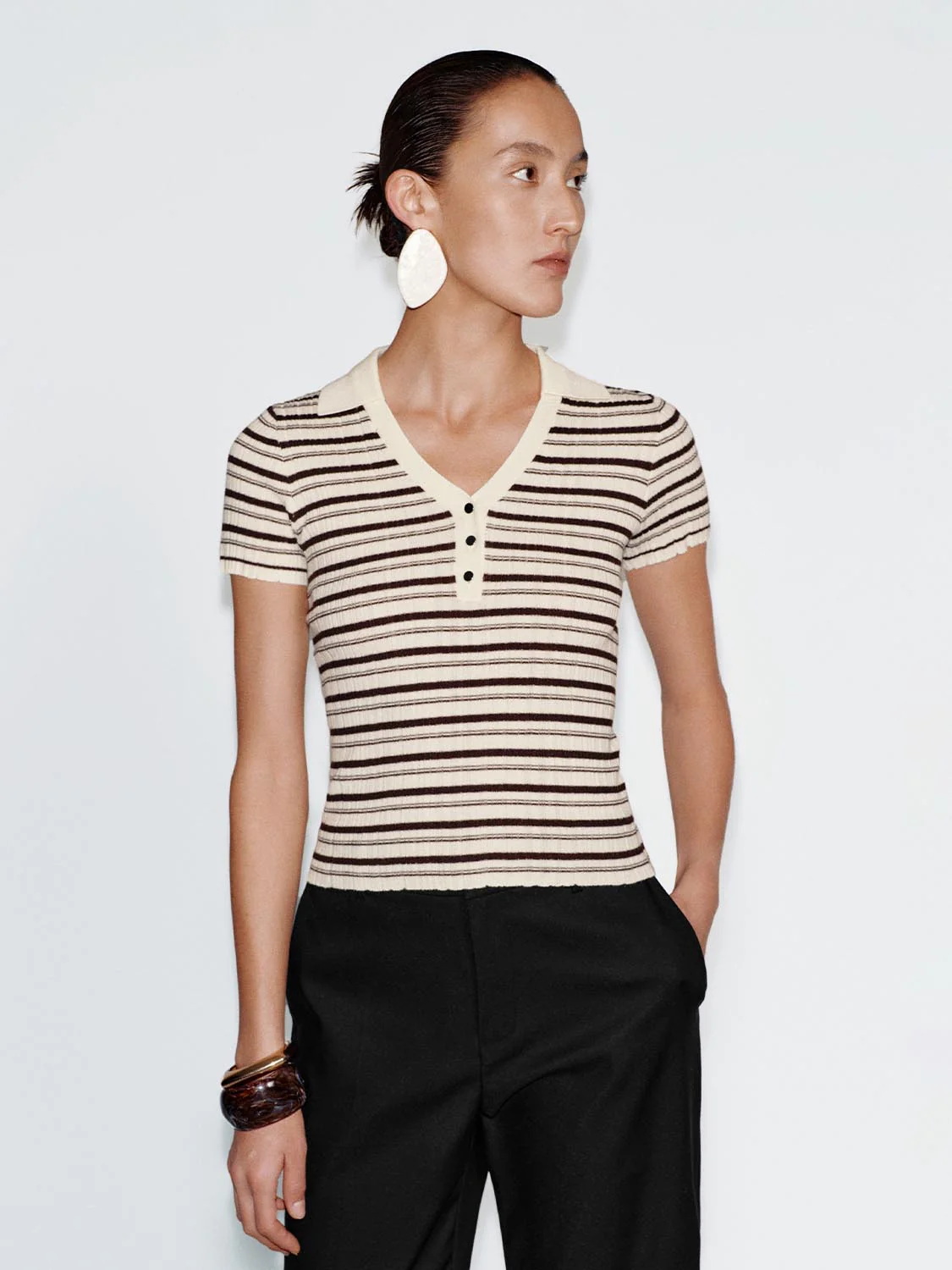Henley V-Neck Striped Knitted T-Shirts