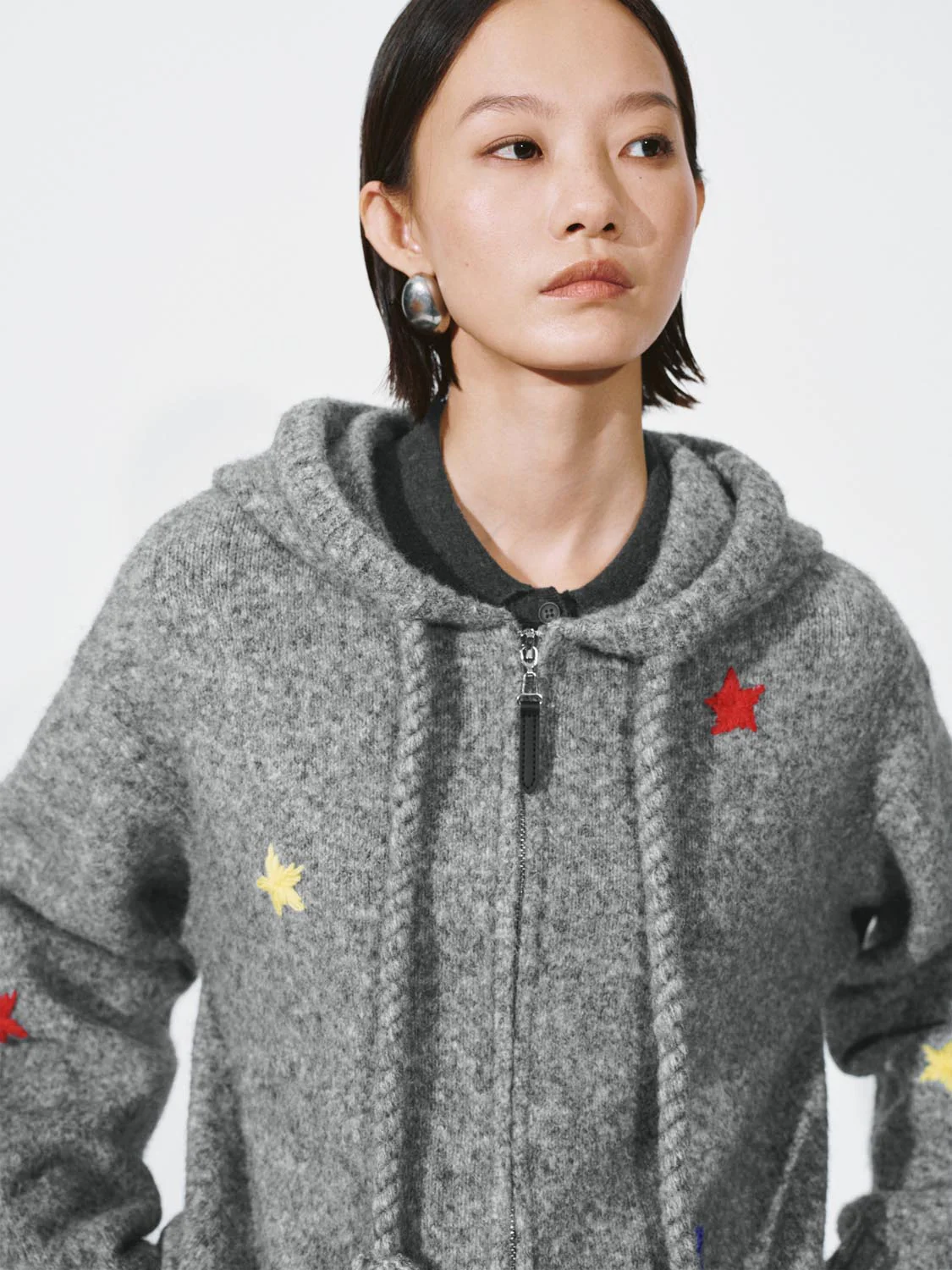 Hooded Drawstring Embroidered Knitted Cardigans - Image 3