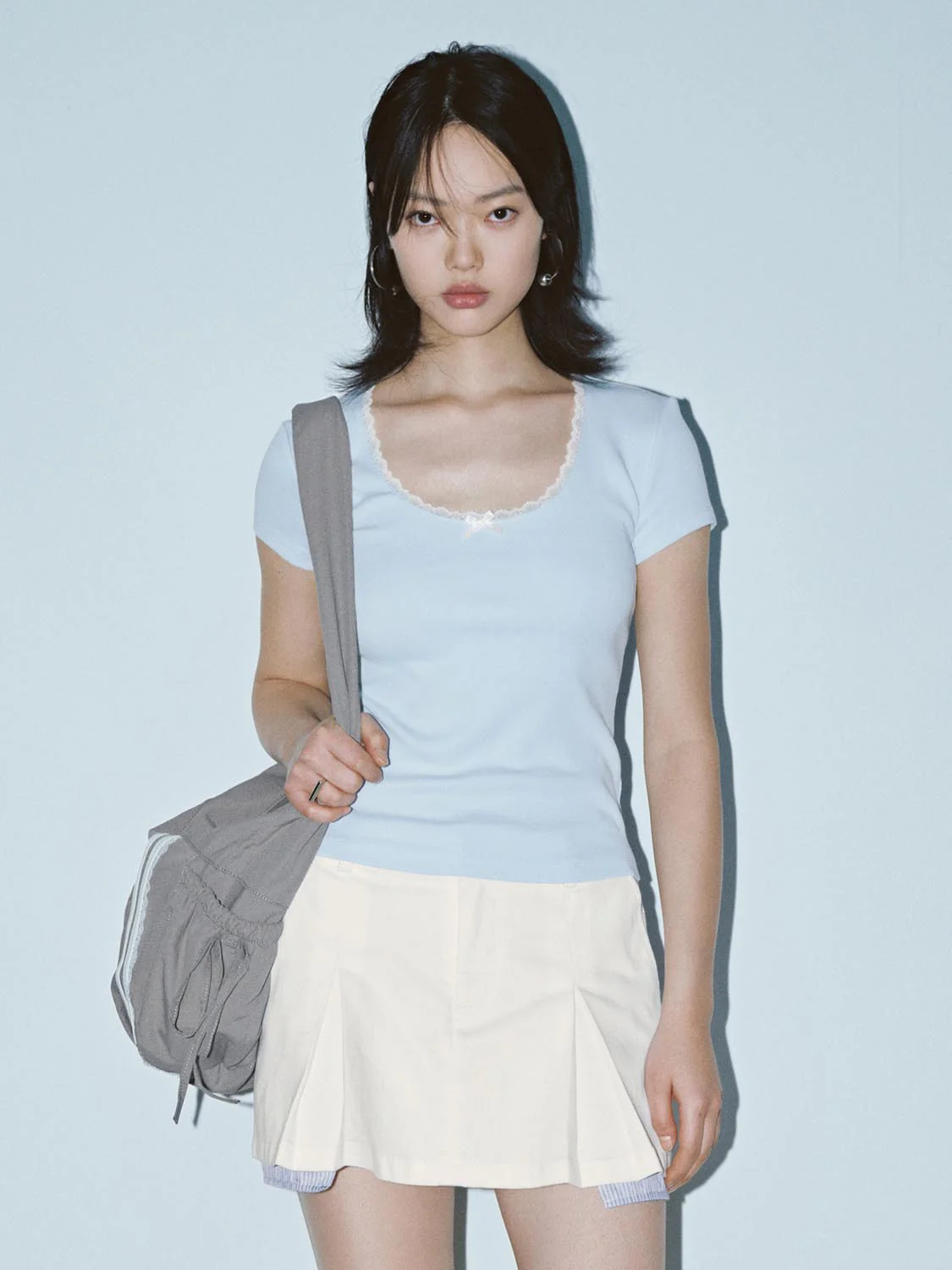 Lace Trim Bow Detail Scoop Neck Skinny-Fit T-Shirts - Image 26