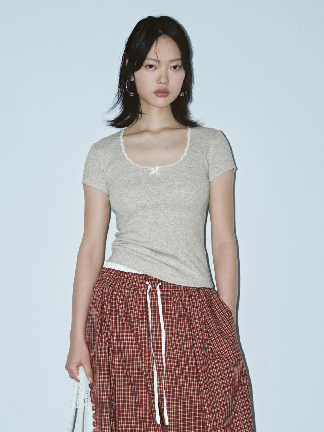 Lace Trim Bow Detail Scoop Neck Skinny-Fit T-Shirts - Image 27