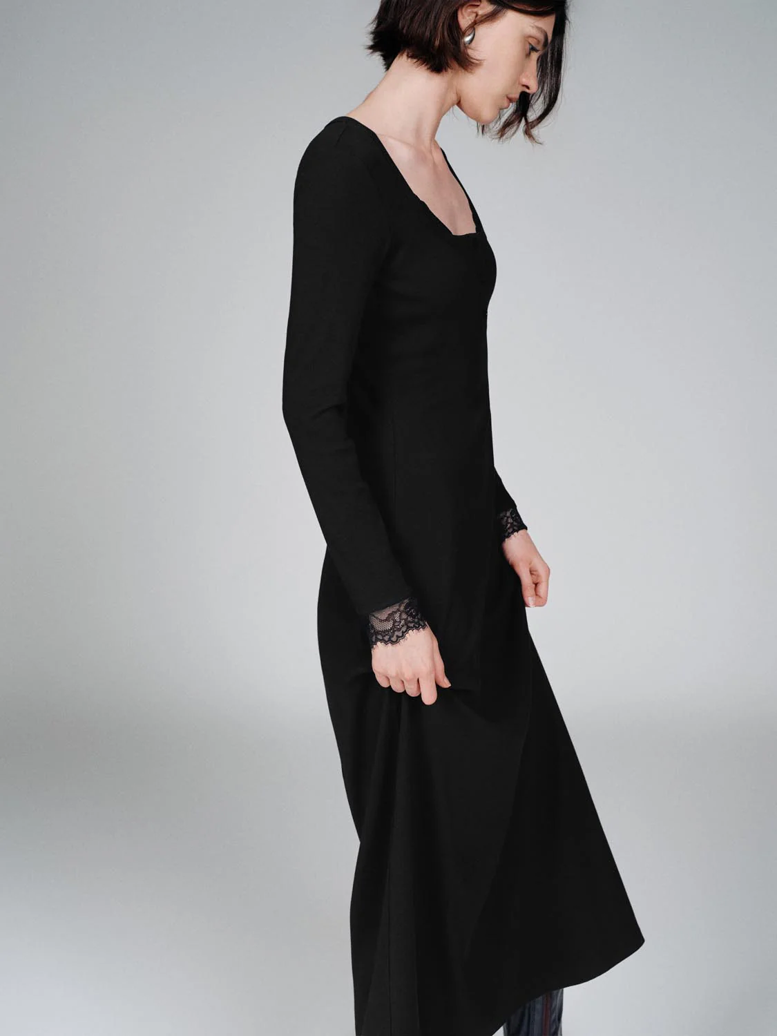 Lace Trim Henley Neck A-Line Midi Dresses - Image 2