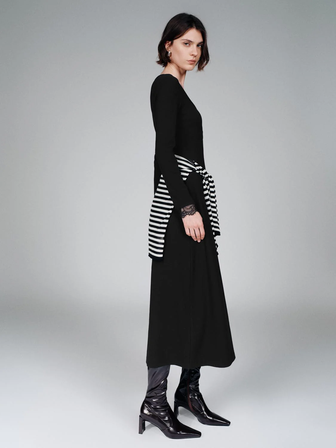 Lace Trim Henley Neck A-Line Midi Dresses - Image 4