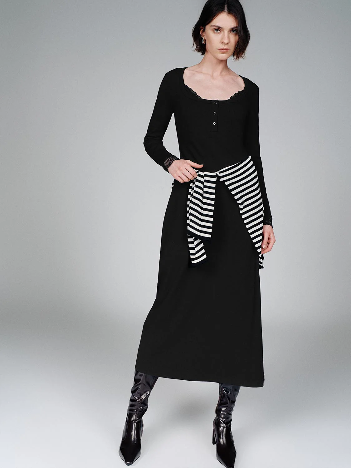 Lace Trim Henley Neck A-Line Midi Dresses - Image 5