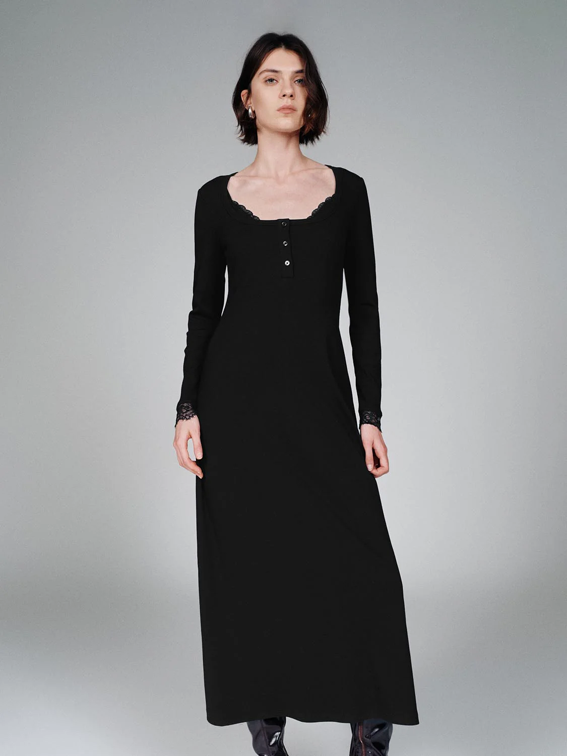 Lace Trim Henley Neck A-Line Midi Dresses - Image 9
