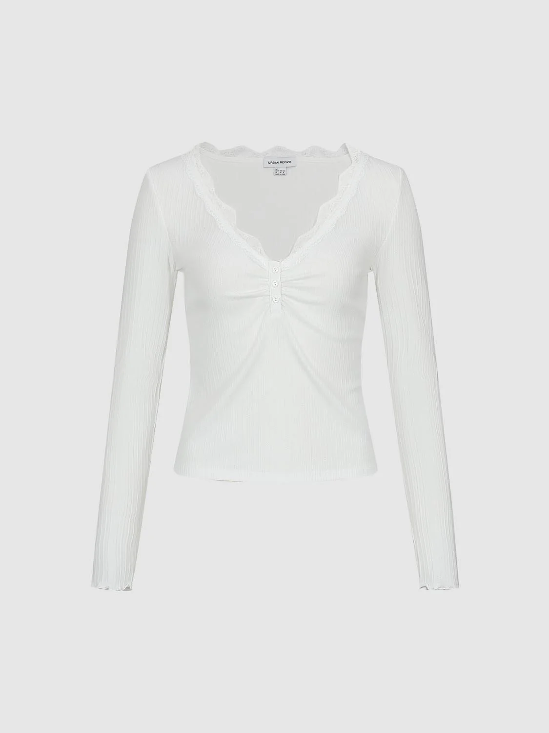 Lace Trim Henley V-Neck Long Sleeve T-Shirts - Image 4