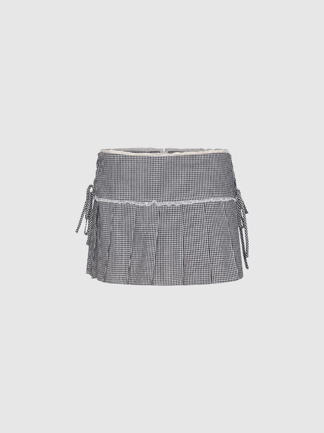 Lace Trim Pleated Check A-Line Mini Skirts - Image 2