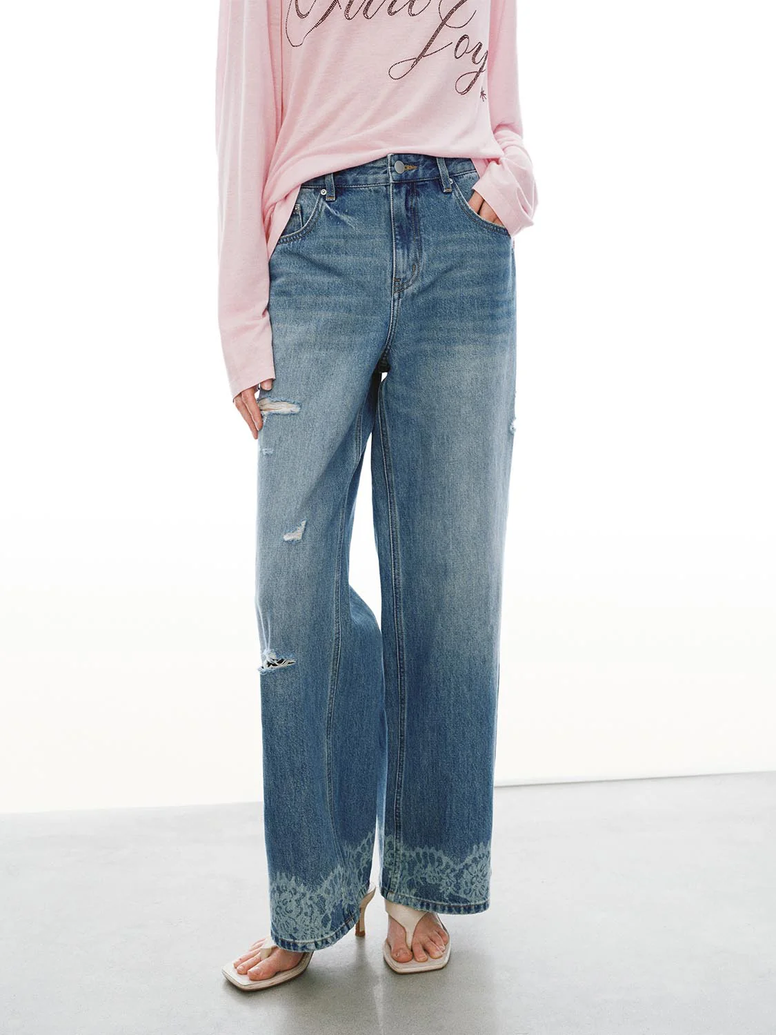 Lace Trim Raw Detail Wide Leg Jeans - Image 4