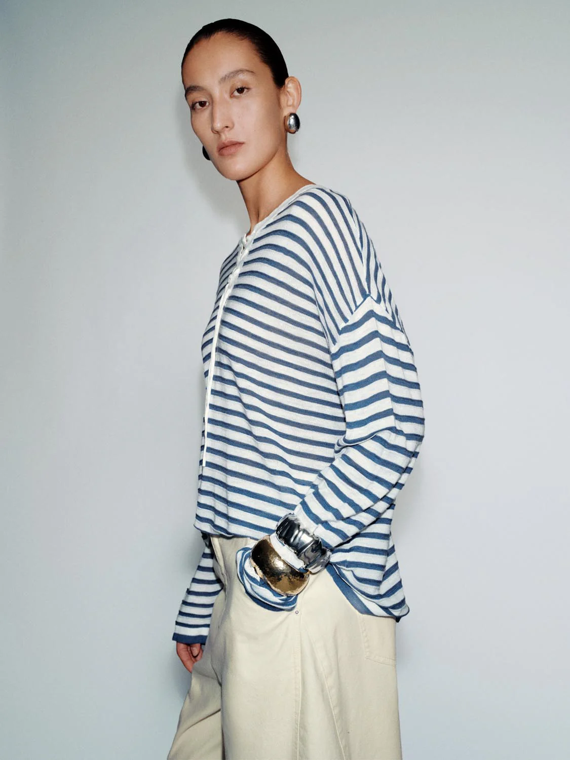 Lace-Up Neck Detail Striped Long Sleeve Knitted T-Shirts - Image 3