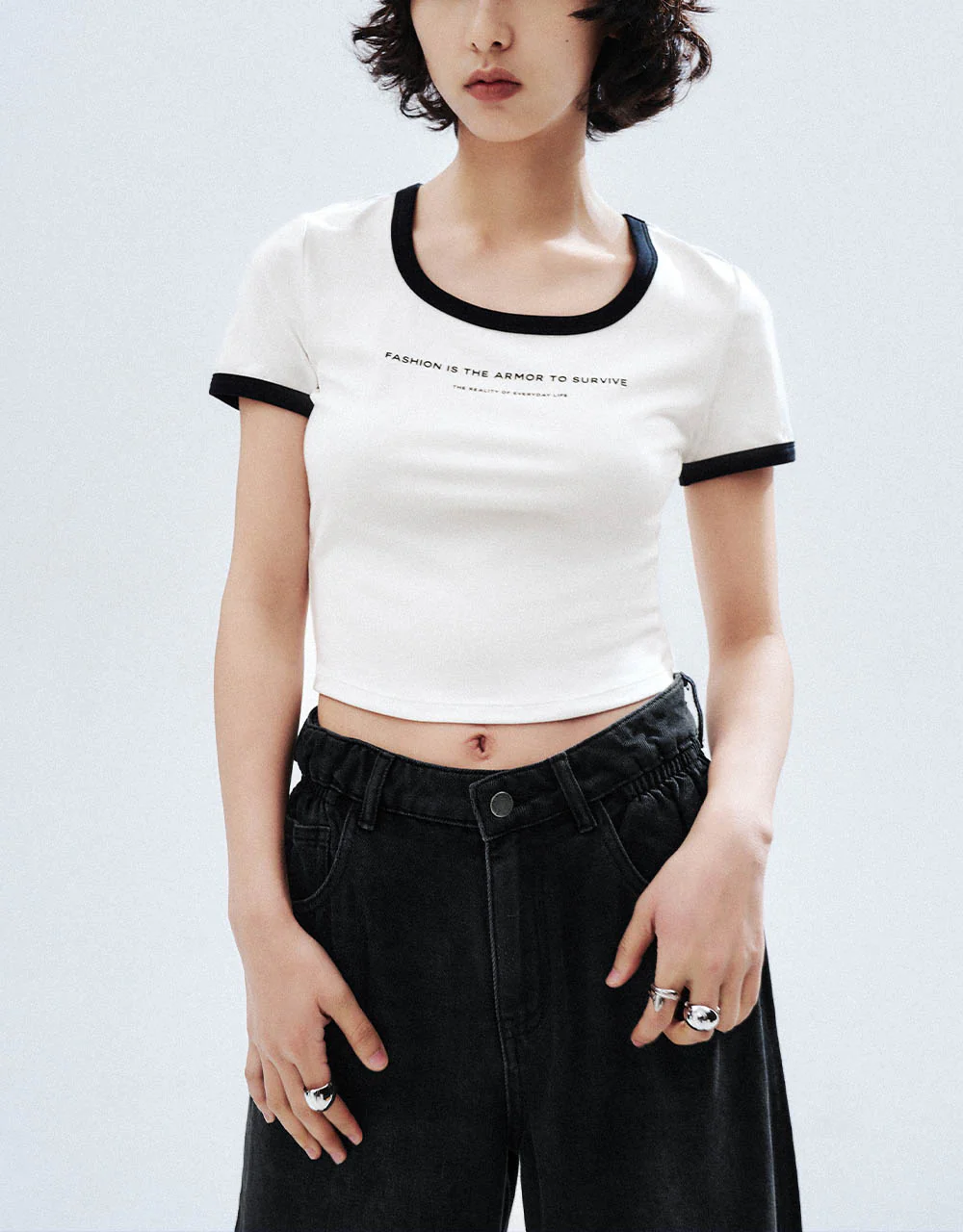 Letter Printed Crew Neck Skinny T-Shirt - Image 25