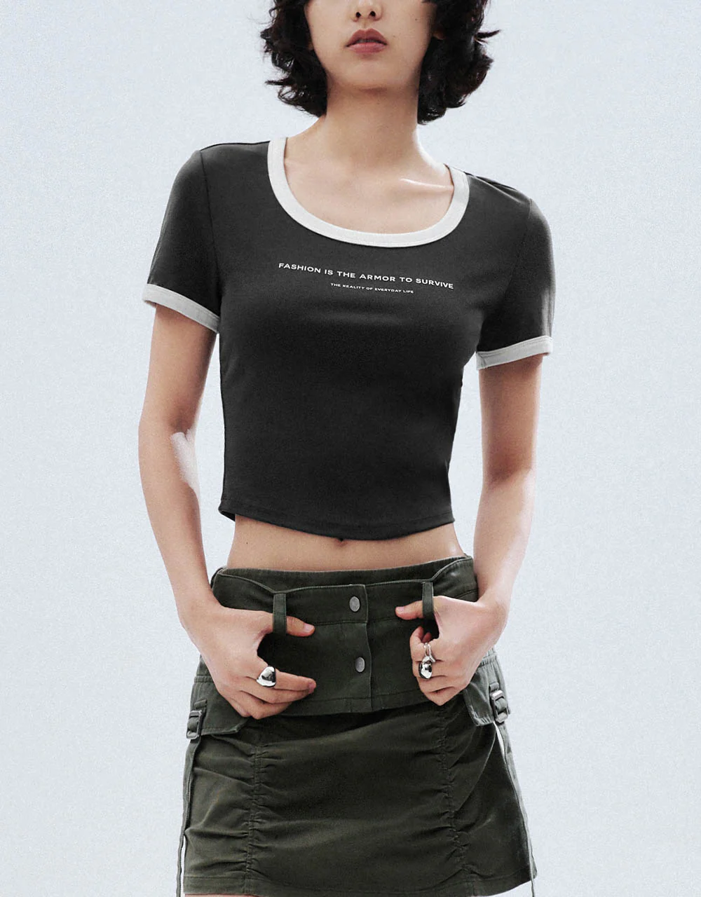 Letter Printed Crew Neck Skinny T-Shirt - Image 26