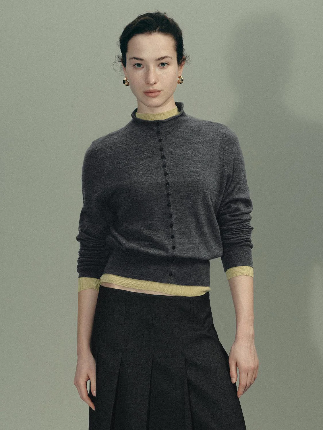 Mock Neck Button Detail Long Sleeve Knitted T-Shirts