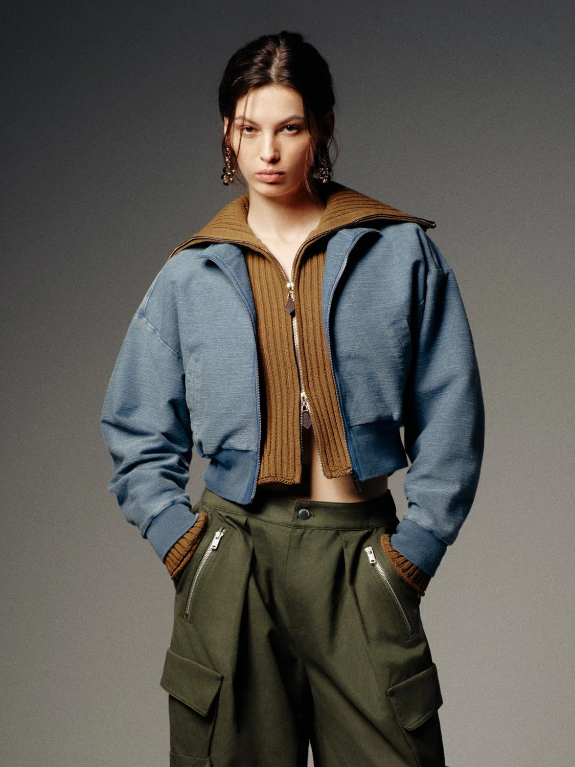 Mock Neck Cropped Denim Bomber Jackets