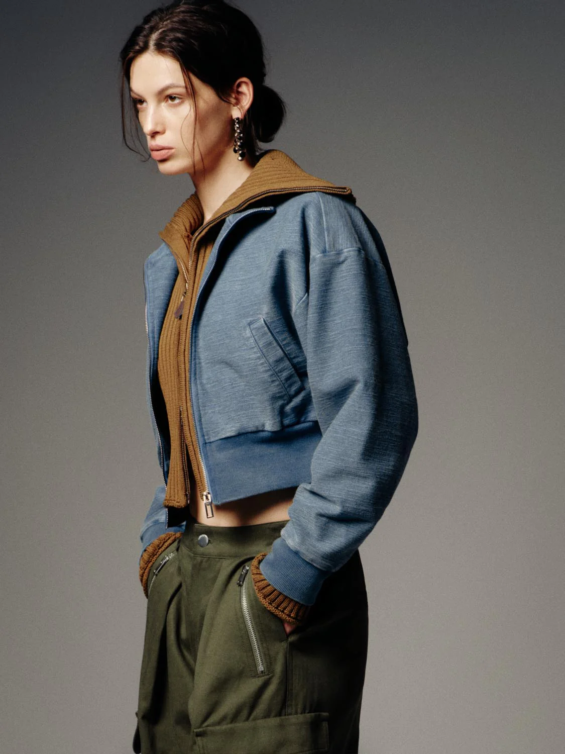 Mock Neck Cropped Denim Bomber Jackets - Image 2