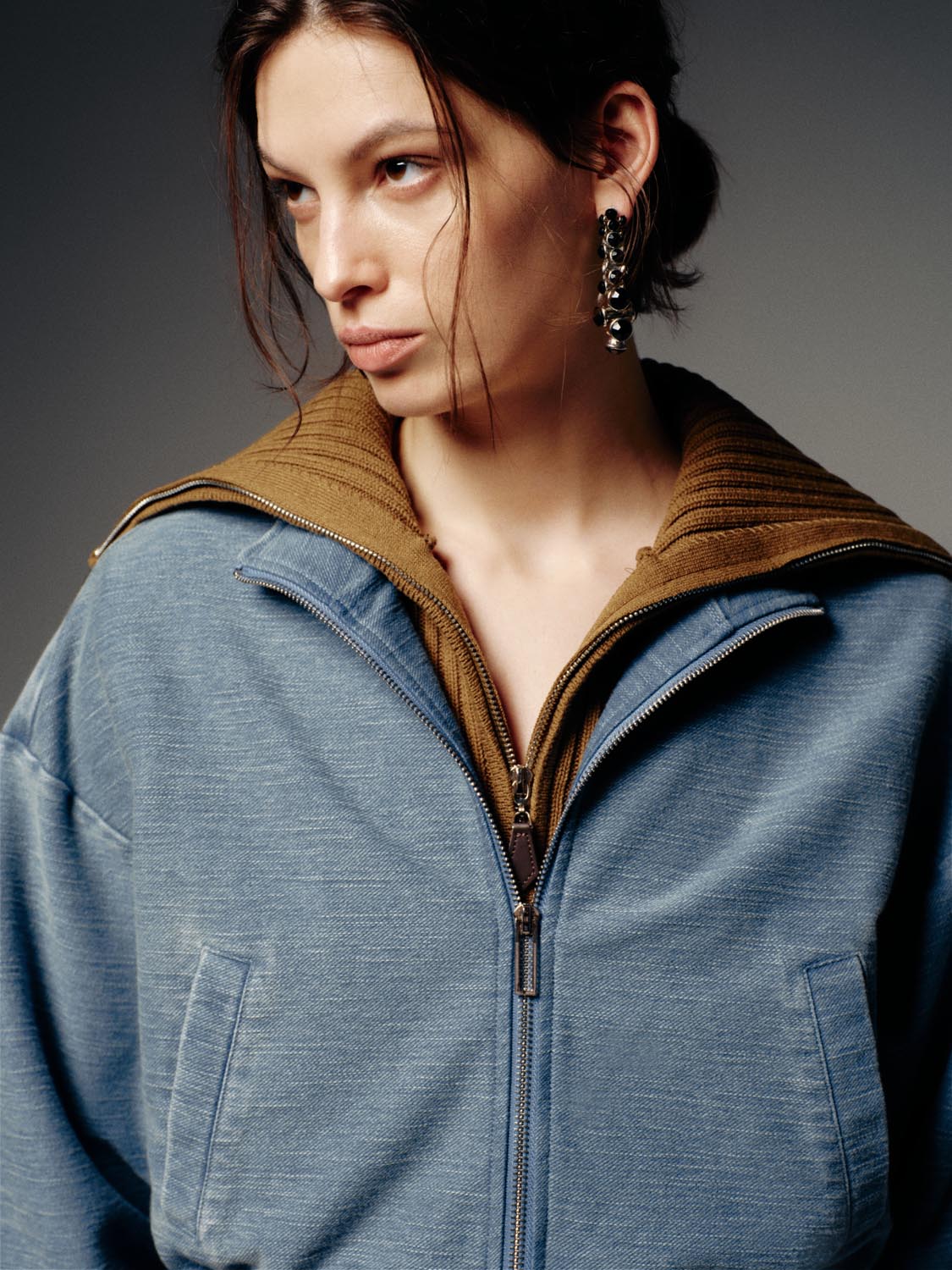 Mock Neck Cropped Denim Bomber Jackets - Image 3
