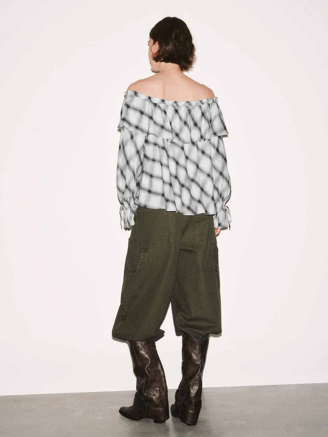 Off Shoulder Ruffle Detail Contrast Check Overhead Shirts - Image 6