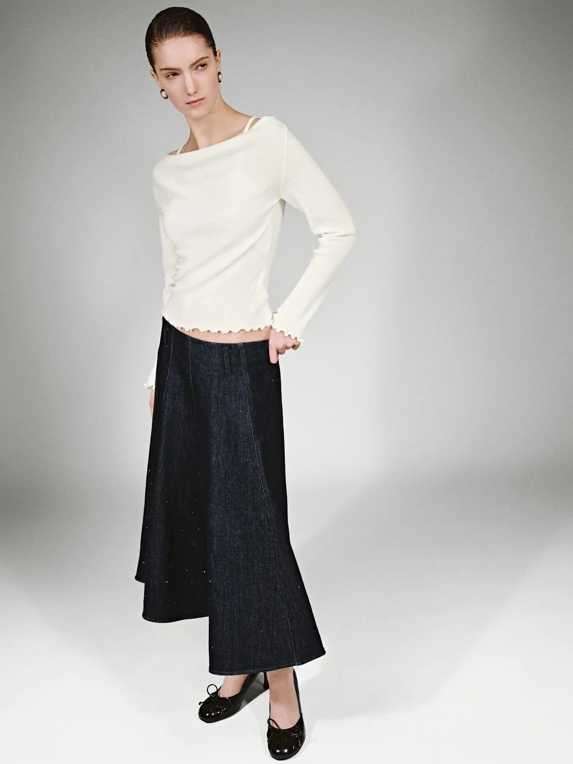 Off Shoulder Strappy Long Sleeve Knitted T-Shirts - Image 5