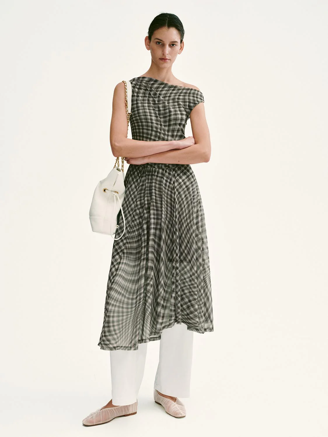 One Shoulder Folded Shoulder Check A-Line Midi Dresses - Image 4