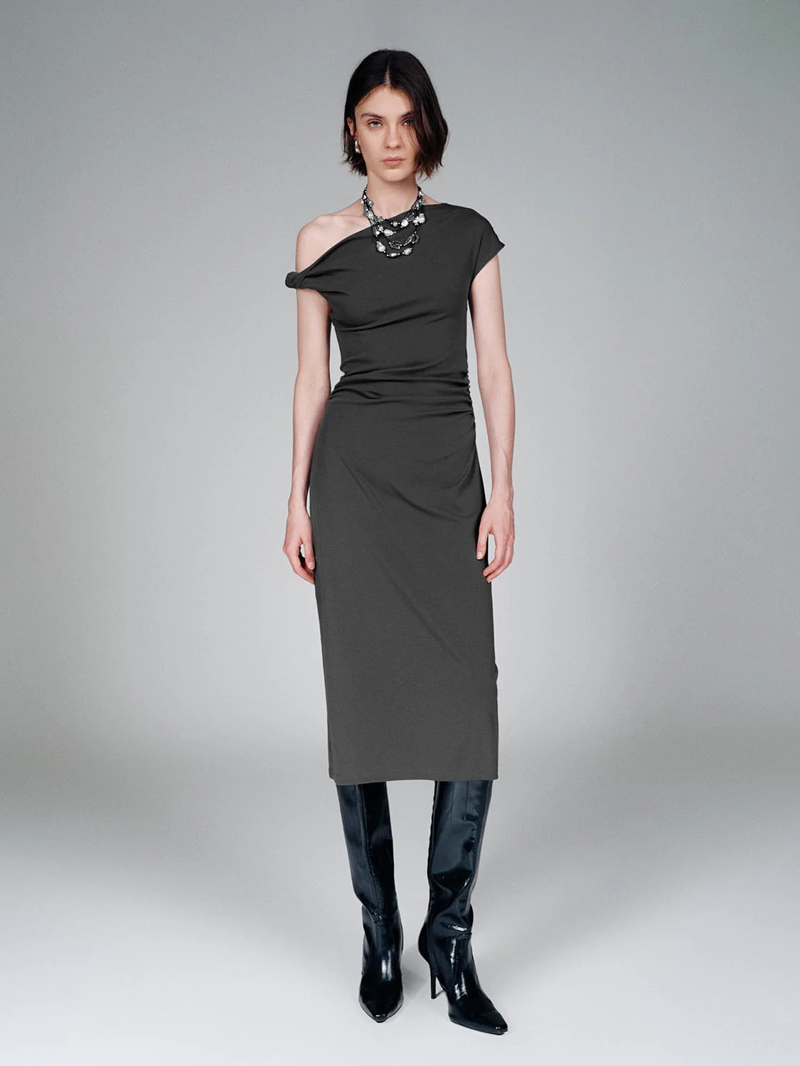 One Shoulder Ruched A-Line Midi Dresses
