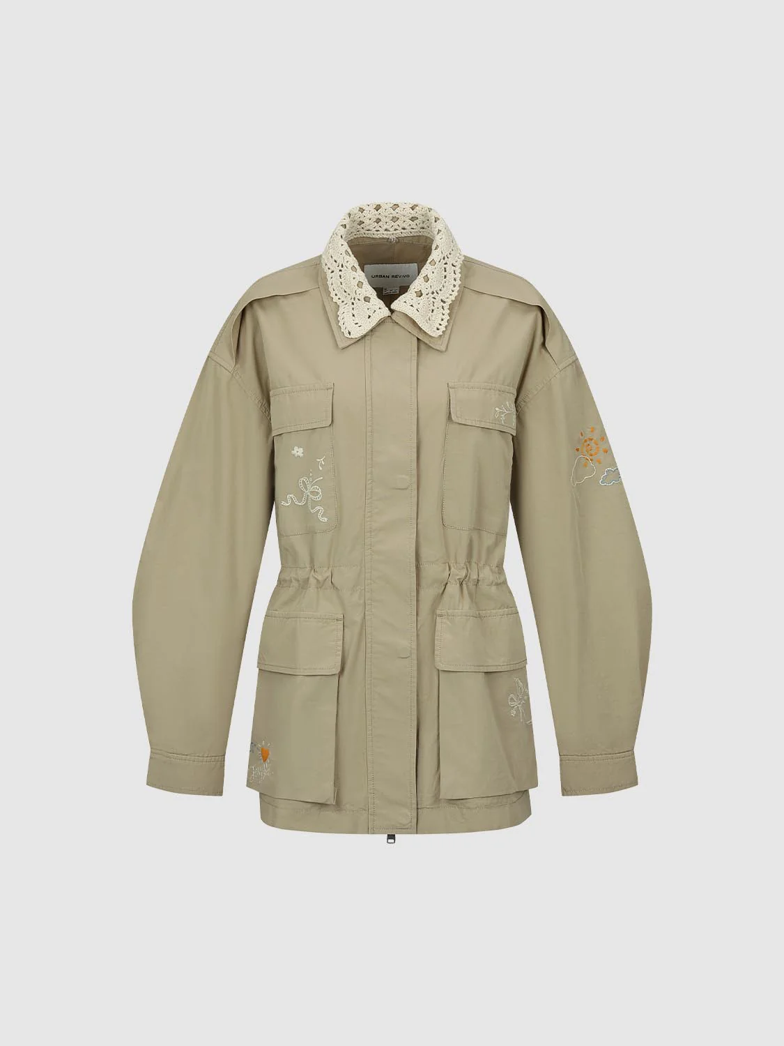 Open-Knit Detail Embroidered Flap Pocket Jackets