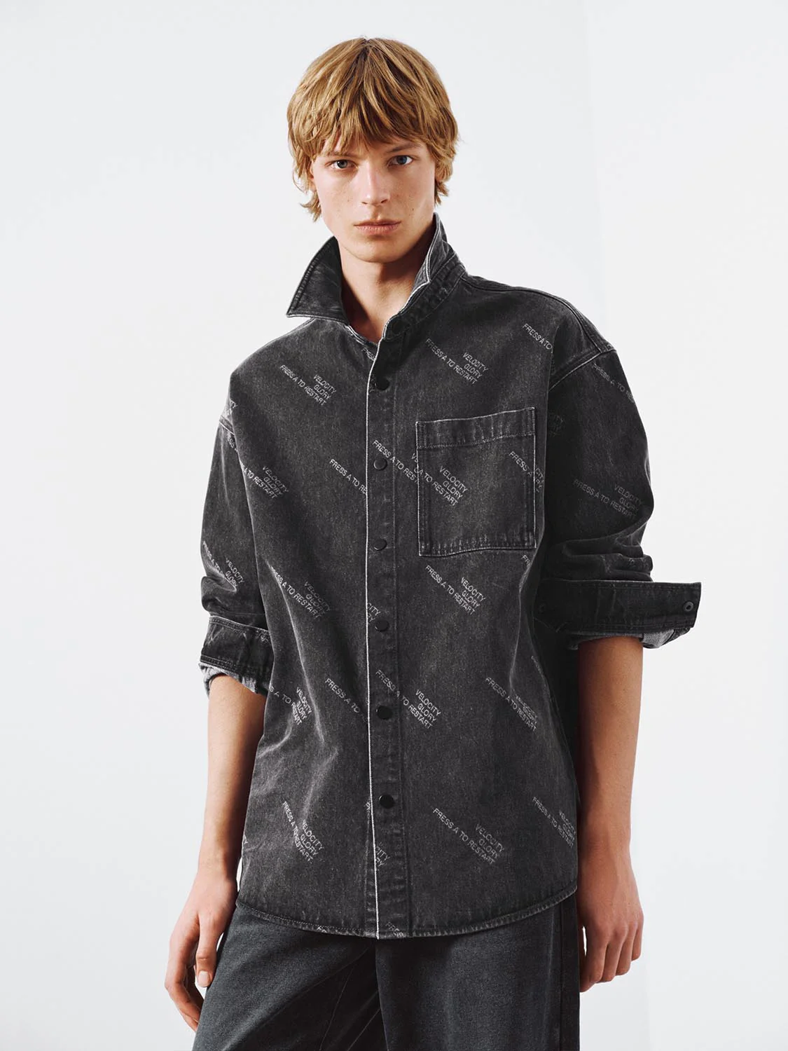Patch Pocket Printed Denim Shirts - Image 9