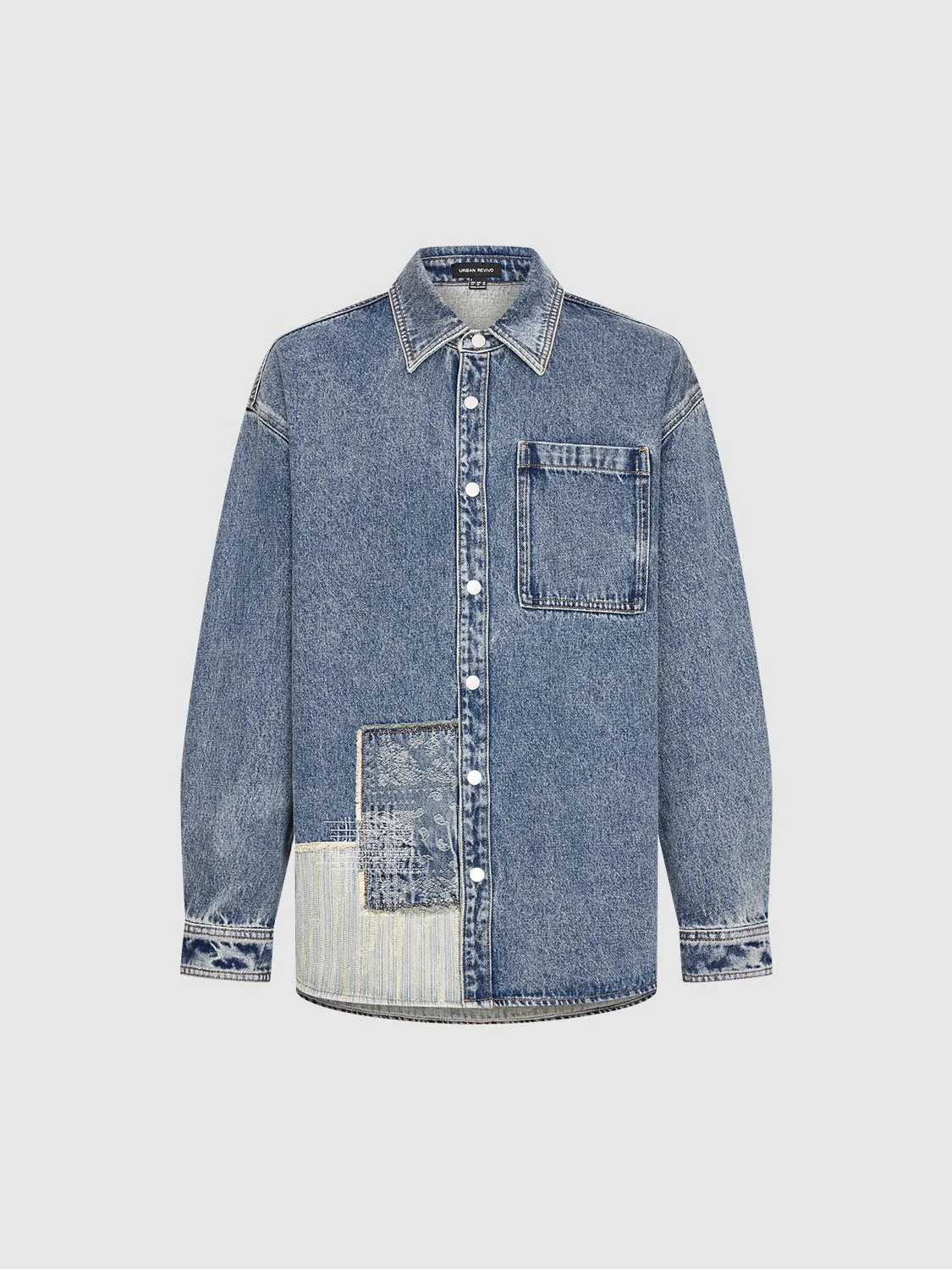 Patchwork Patch Pocket Denim Shirts - Image 7