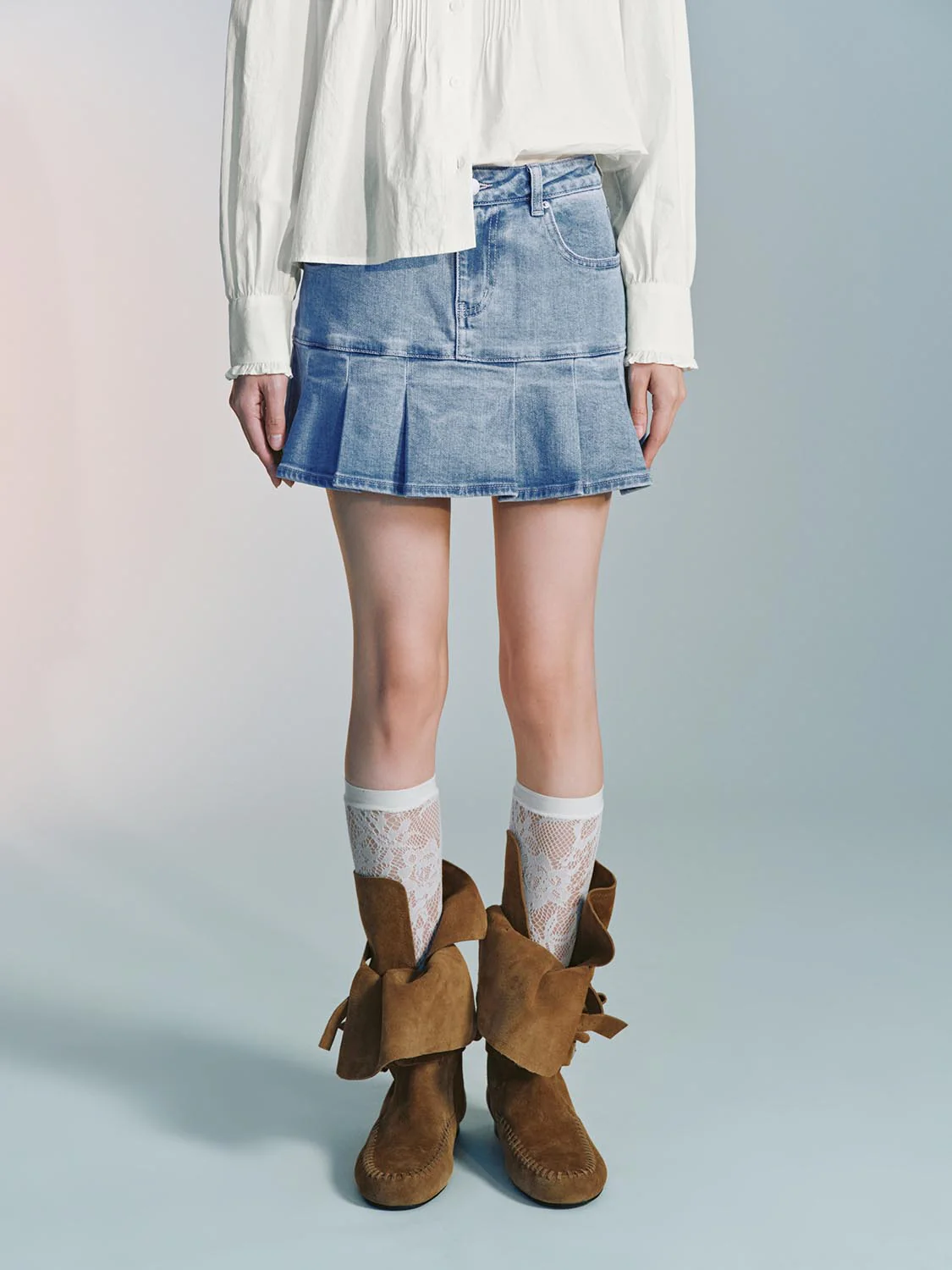 Pleated Denim Mini Skirts - Image 9