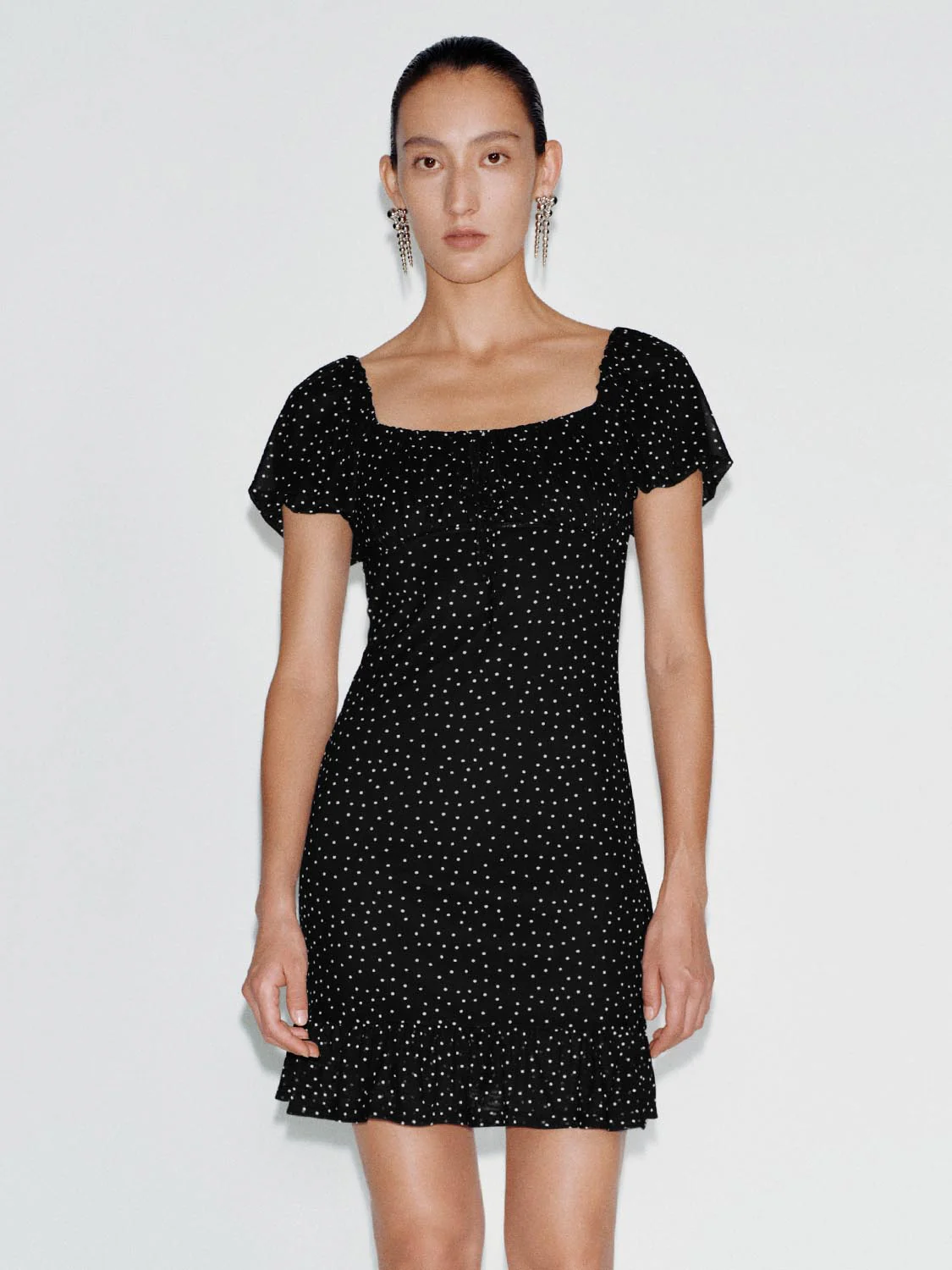 Polka Dotted Puff Sleeve Ruffle Hem A-Line Midi Dresses