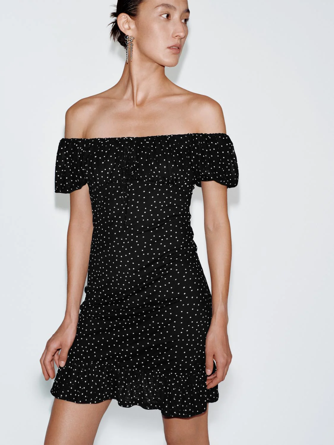 Polka Dotted Puff Sleeve Ruffle Hem A-Line Midi Dresses - Image 2