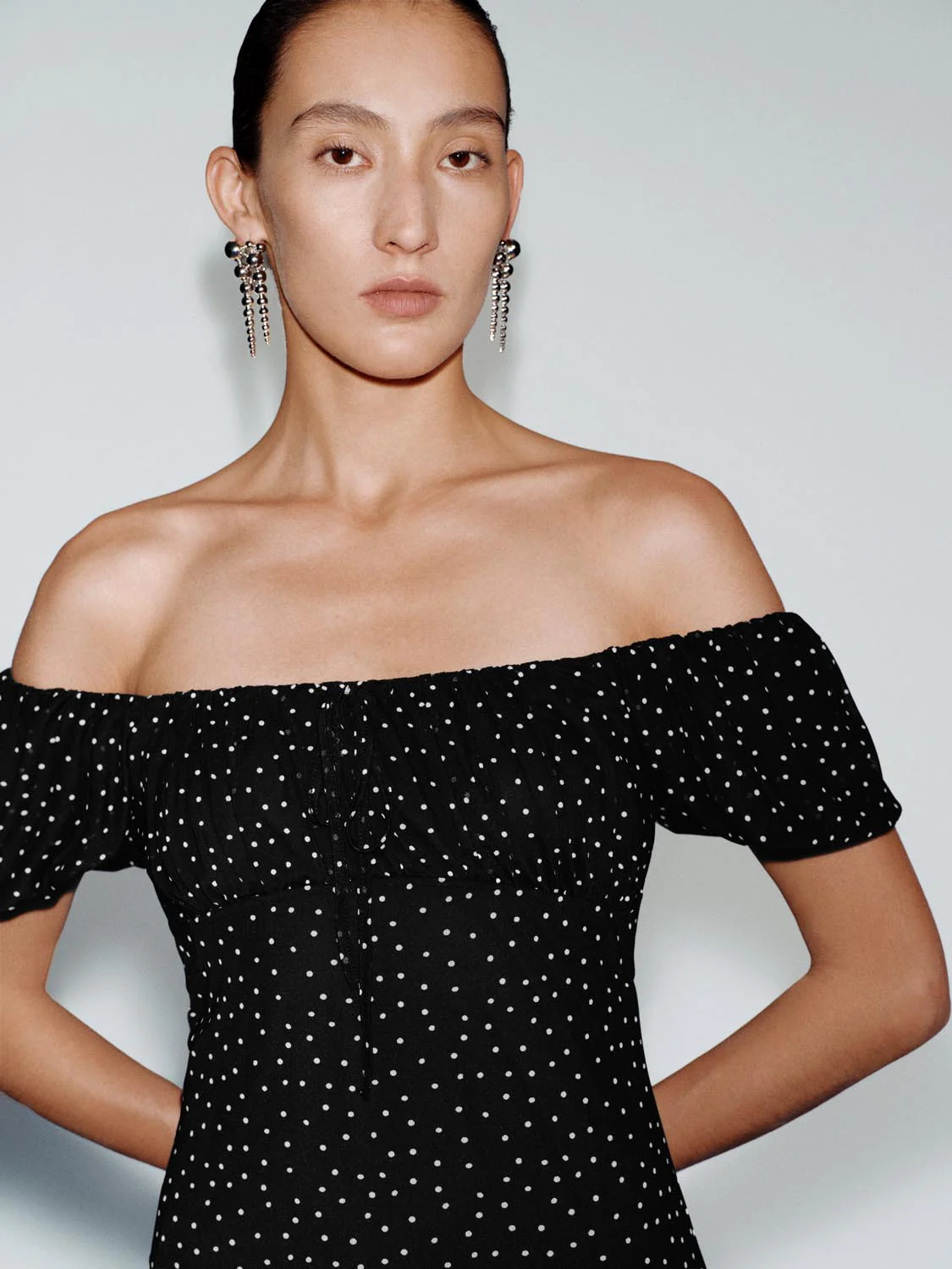 Polka Dotted Puff Sleeve Ruffle Hem A-Line Midi Dresses - Image 3