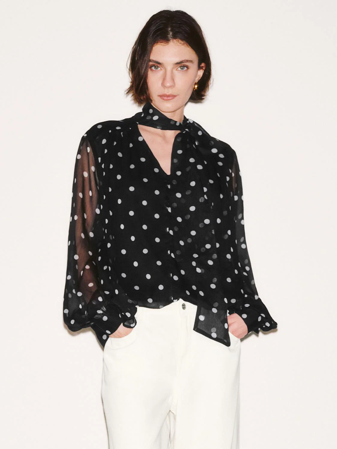 Polka Dotted Scarf Neck Overhead Shirts - Image 9