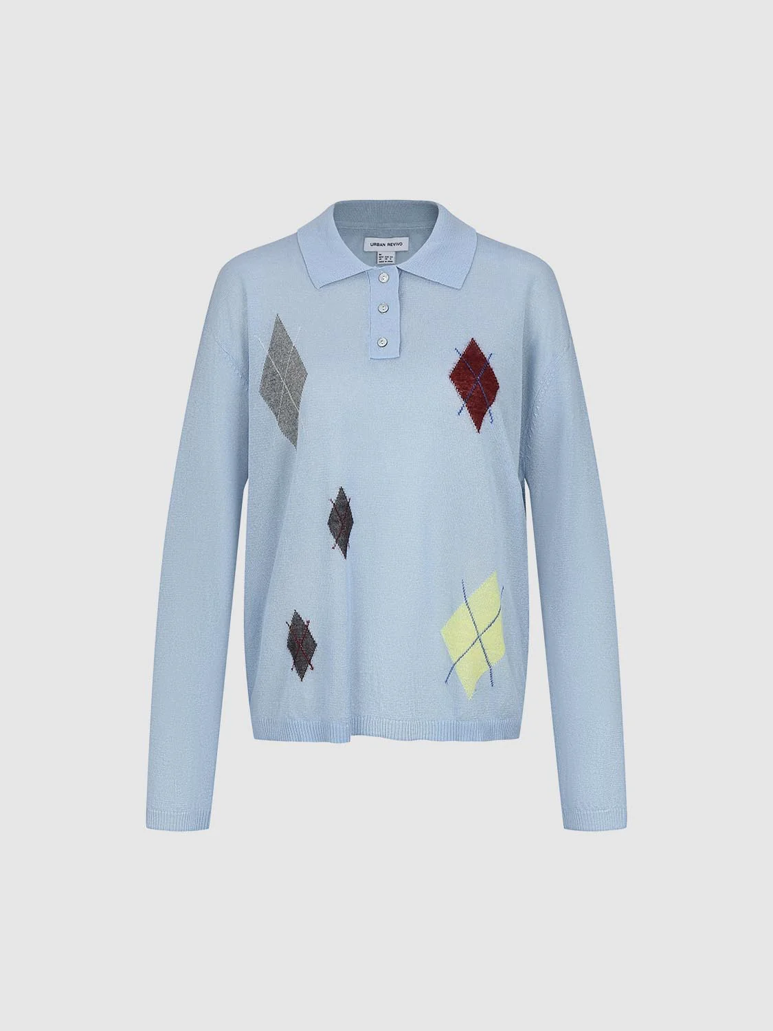 Polo Neck Argyle Detail Long Sleeve Knitted T-Shirts - Image 7