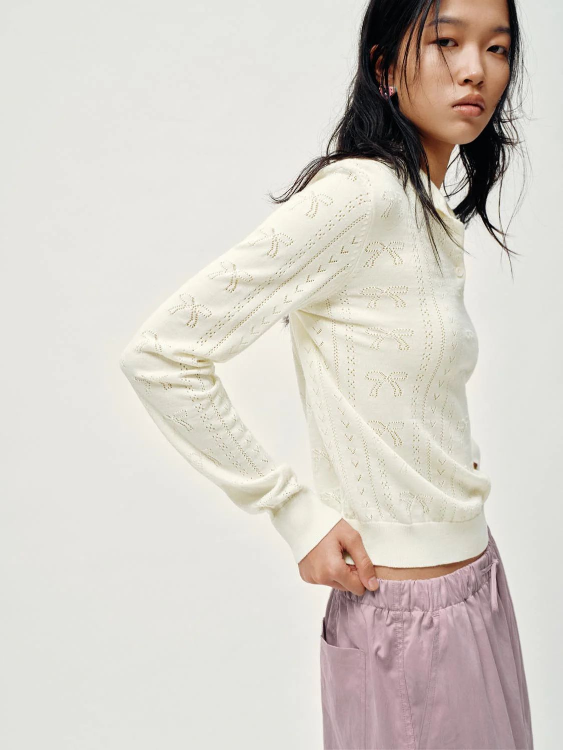 Polo Neck Bow Detail Long Sleeve Knitted T-Shirts - Image 2