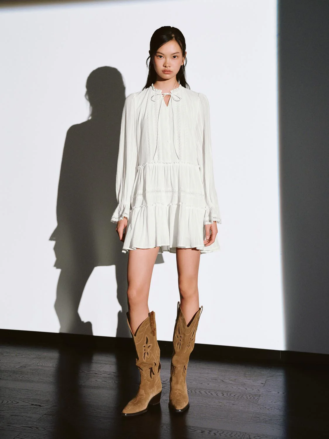 Printed Long Sleeve Tiered A-Line Midi Dresses - Image 4