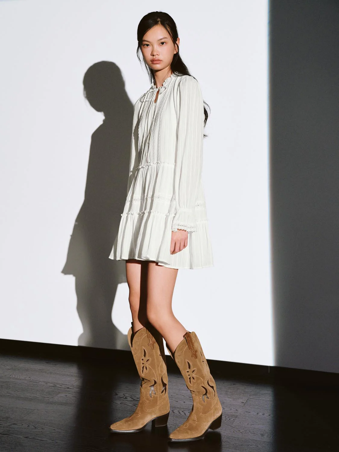 Printed Long Sleeve Tiered A-Line Midi Dresses - Image 5