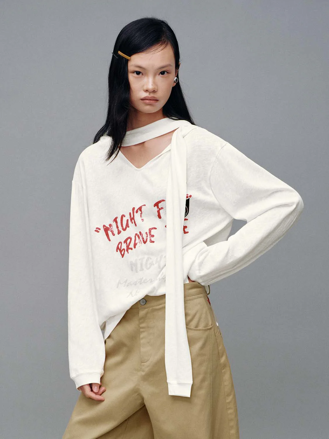 Printed Scarf Neck Hooded Long Sleeve T-Shirts