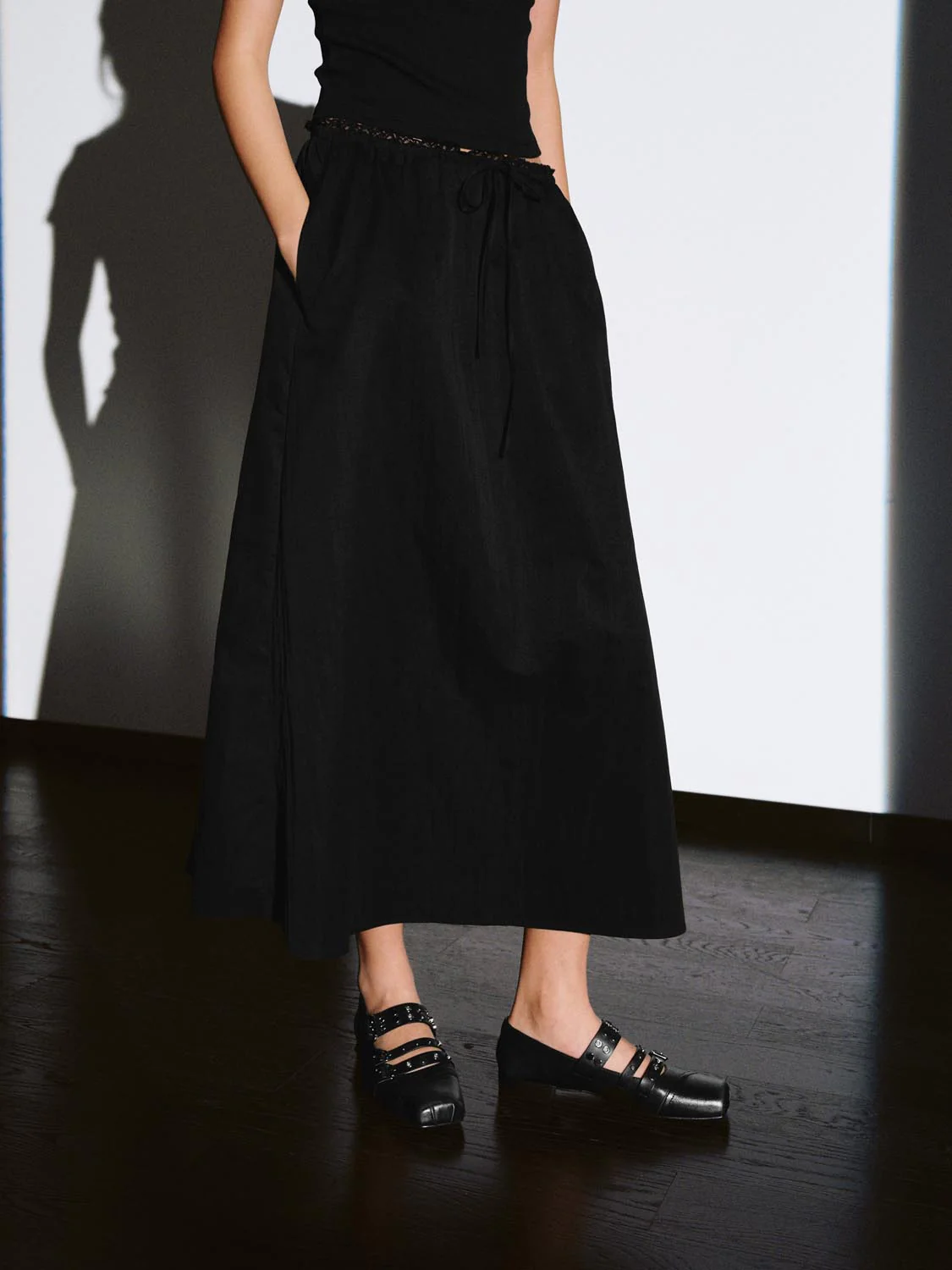 Pull On Drawstring A-Line Midi Skirts - Image 3
