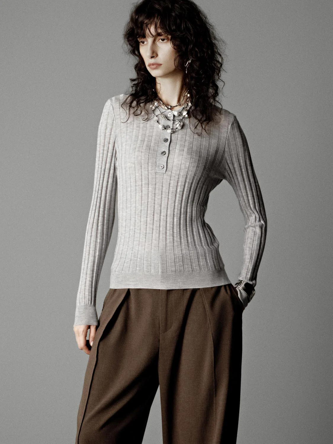 Ribbed Henley Neck Knitted T-Shirts - Image 2