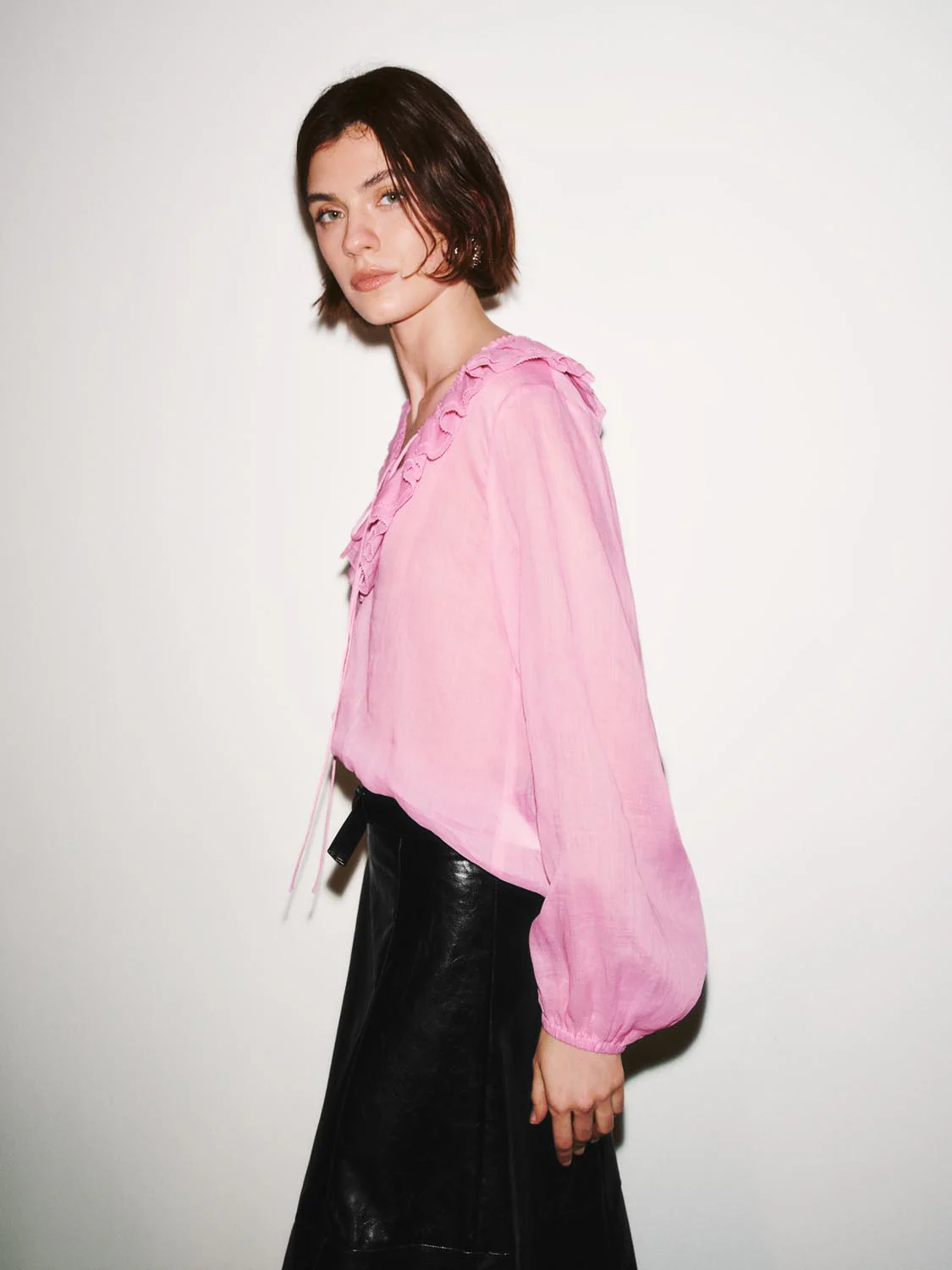 Ruffle Neck Lace-Up Long Sleeve Overhead Shirts - Image 2