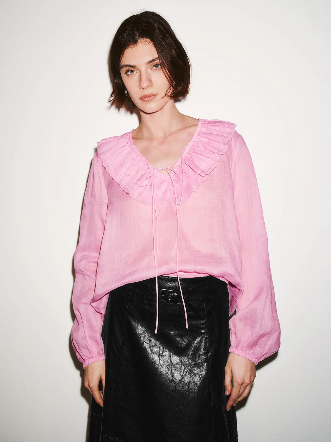 Ruffle Neck Lace-Up Long Sleeve Overhead Shirts - Image 9