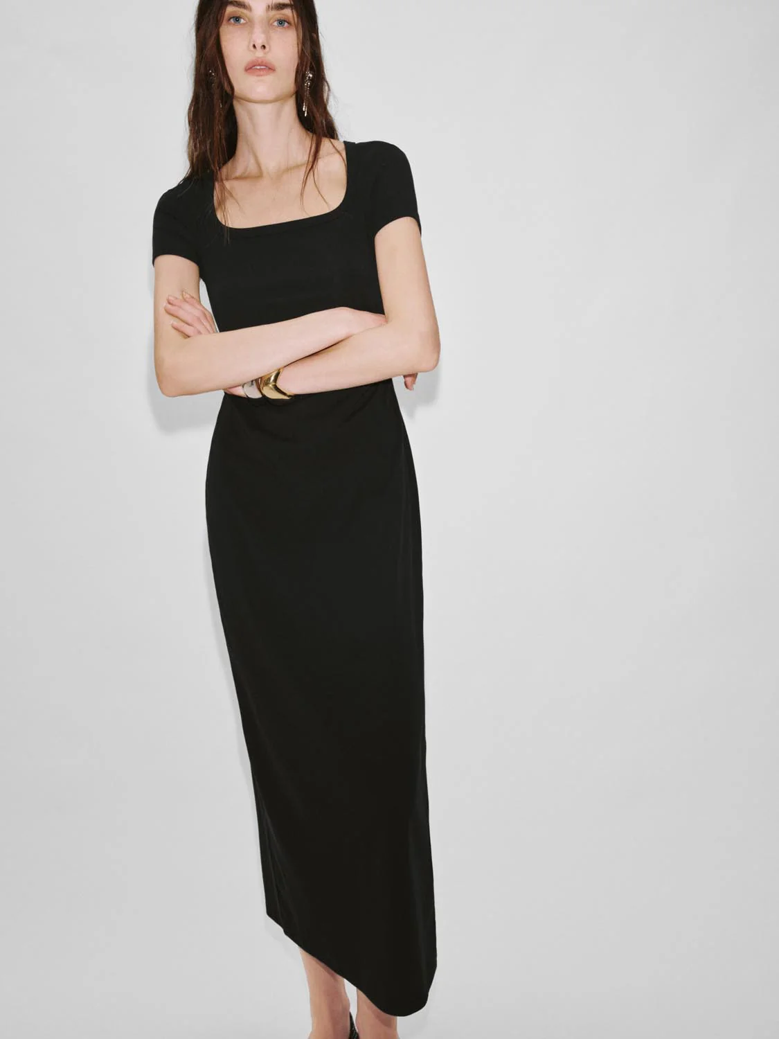 Scoop Neck Short Sleeve Slim-Fit Straight Midi Dresses - Image 5