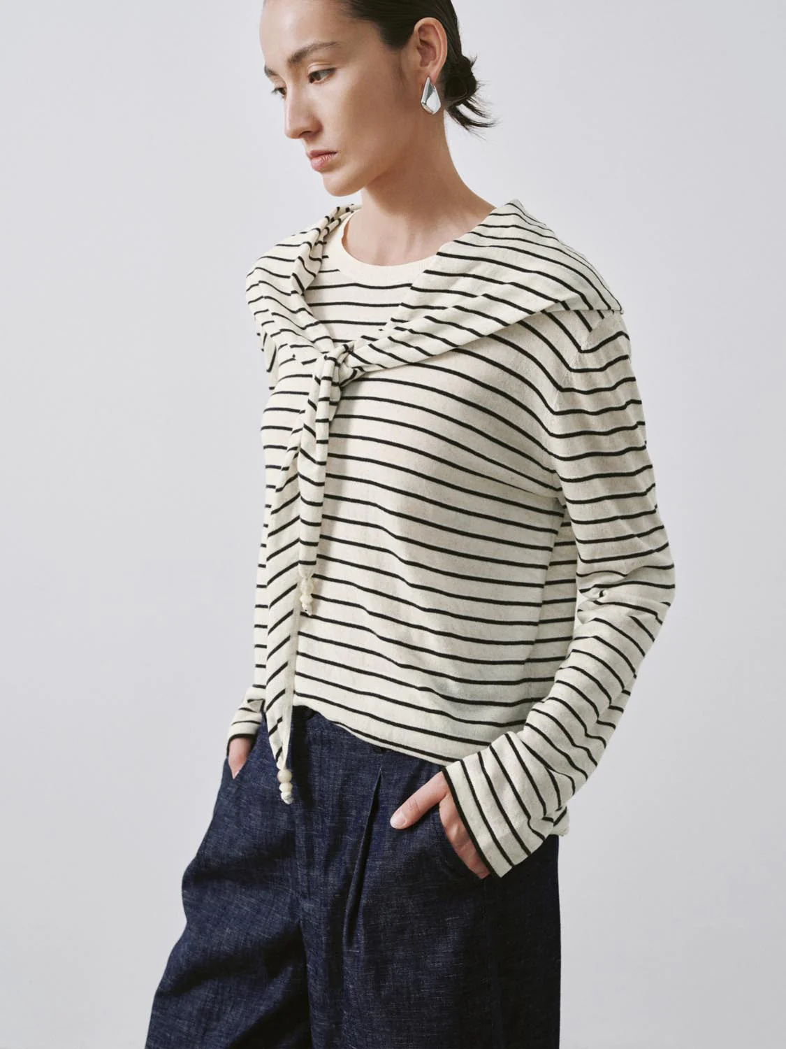 Shawl Detail Striped Long Sleeve Knitted T-Shirts - Image 2