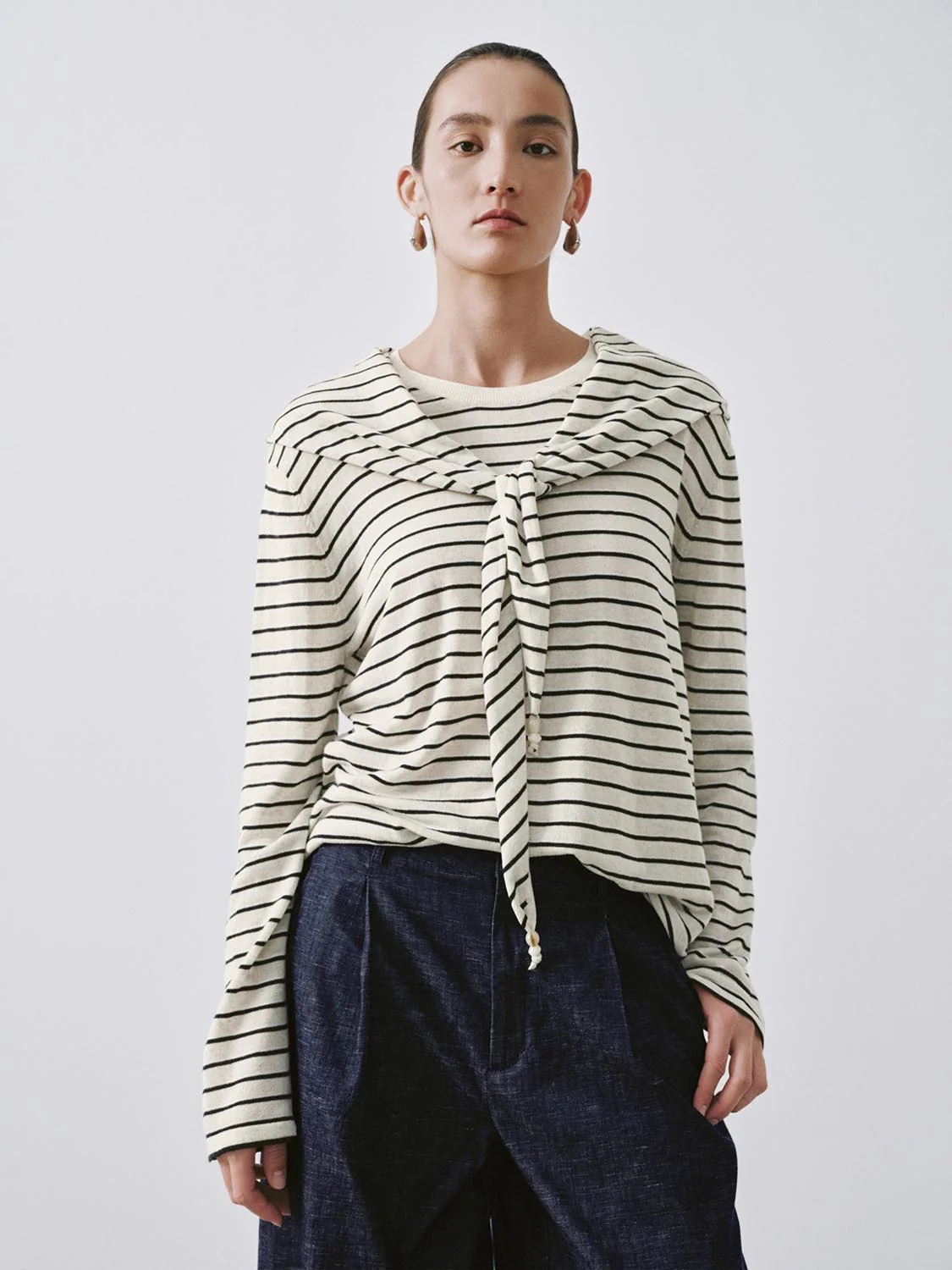 Shawl Detail Striped Long Sleeve Knitted T-Shirts - Image 9