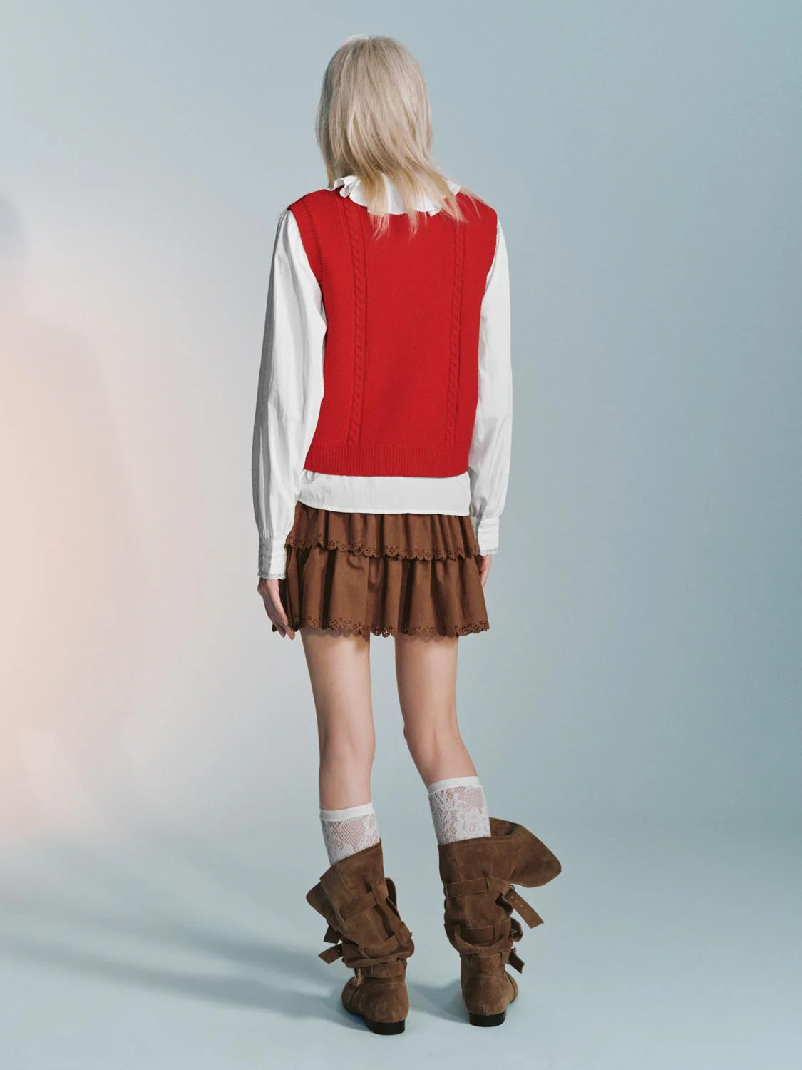Sleeveless Floral Embroidered Cable Knitted Cardigan - Image 6